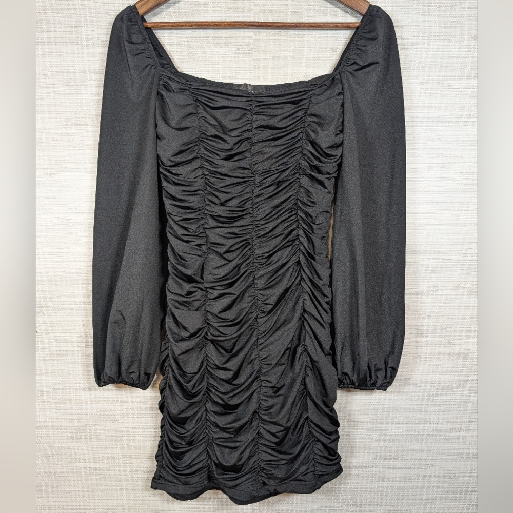 Emprada Long Sleeve Black Stretchy Ruched Bodycon Dress Small